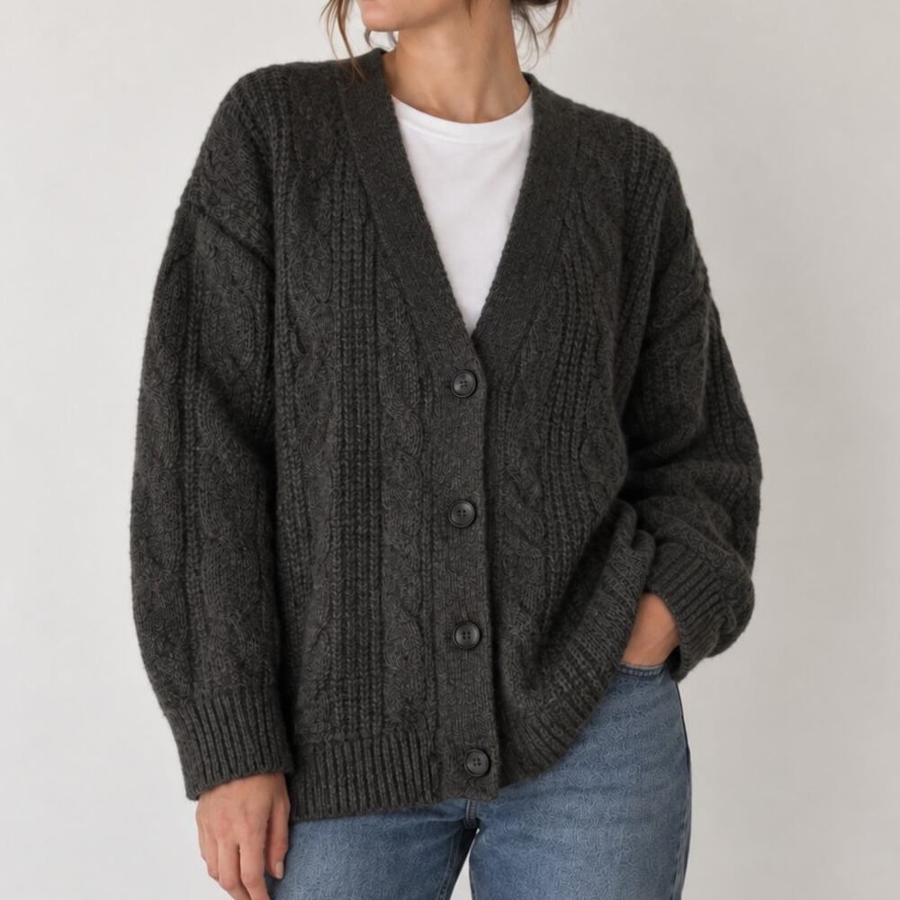 Jenni Kayne Alpaca Wool Cable Knit Oversized Cocoon Cardigan Dark Gray Small